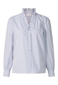 Blaue und weiße gestreifte Bluse mit gerafftem Kragen, langen Puffärmeln und einer Knopfverschluss vorne. Hergestellt aus einem leichten Stoff.