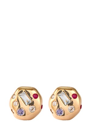 Gold-tone stud earrings with an organic shape, featuring rectangular and round gemstones in blue, purple, white, and red. Textured surface design.