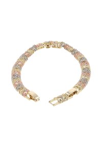 Guldtonet armbånd med sammenflettede strenge af pink, s�ølv og guld teksturer med en sikker lås.