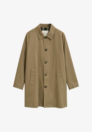 Olive green cotton blend coat with a classic collar, front buttons, and two side pockets. Features a plaid lining. Regular fit design.
