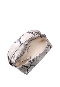 Rectangular clutch bag in faux snake skin with a beige, textured exterior featuring black markings. Zipper closure and smooth interior lining.