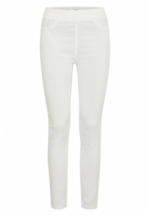 Jeans albi slim dintr-un material elastic. Au două buzunare frontale și un tiv neted. Fără elemente de prindere sau modele vizibile.