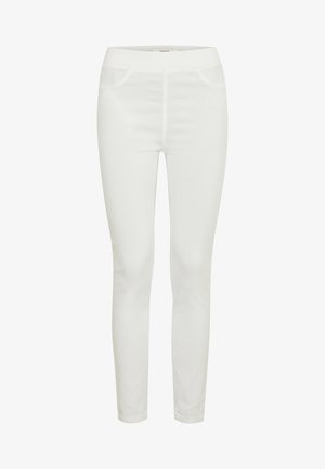 Jeans albi slim dintr-un material elastic. Au două buzunare frontale și un tiv neted. Fără elemente de prindere sau modele vizibile.