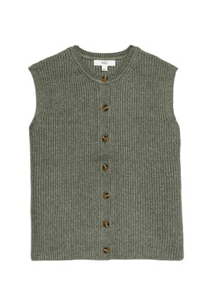 Sleeveless green knit cardigan with a round neckline and five brown buttons down the front. Textured, ribbed fabric.