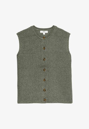 Sleeveless green knit cardigan with a round neckline and five brown buttons down the front. Textured, ribbed fabric.
