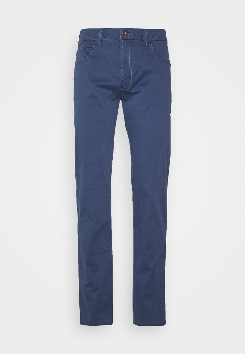Pantalon bleu marine à jambes droites avec fermeture par bouton et zip, poches avant et arrière, et détails de couture visibles.