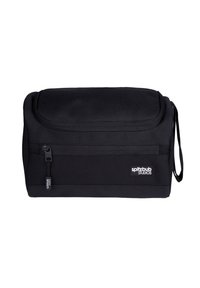 Schwarze rechteckige Tasche aus strapazierfähigem Stoff, mit Reißverschluss, seitlichem Griff und einem Logo-Patch auf einer Seite. Einfaches Design ohne Muster.