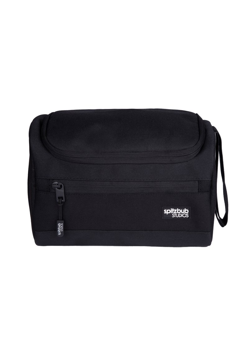 Schwarze rechteckige Tasche aus strapazierfähigem Stoff, mit Reißverschluss, seitlichem Griff und einem Logo-Patch auf einer Seite. Einfaches Design ohne Muster.