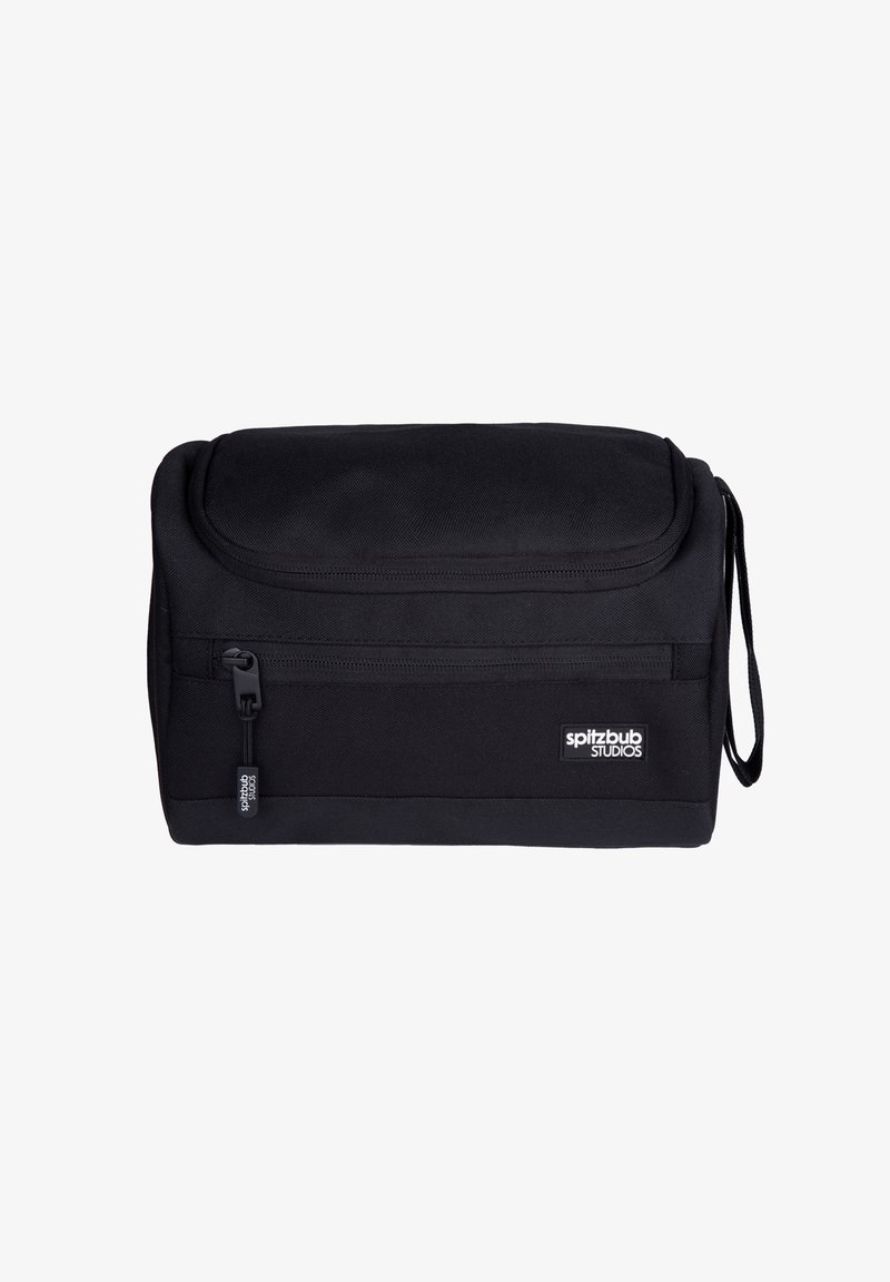 Schwarze rechteckige Tasche aus strapazierfähigem Stoff, mit Reißverschluss, seitlichem Griff und einem Logo-Patch auf einer Seite. Einfaches Design ohne Muster.