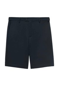 Donkerblauwe shorts gemaakt van ademend materiaal. Voorzien van een knoopsluiting, riemlussen en zijzakken. Rechte snit met een gladde afwerking.
