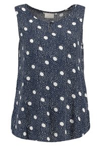 Top sin mangas de tejido azul marino con lunares blancos. Presenta un escote redondeado y un corte relajado. Material ligero con una textura sutil.