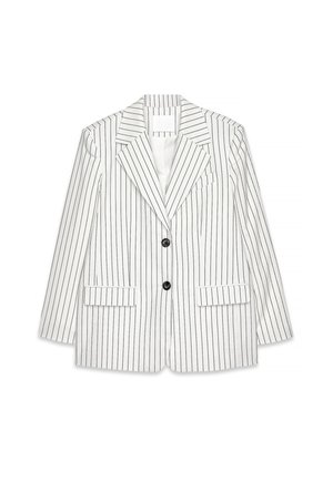 White striped blazer with black lines. Features a notched lapel, two front pockets, and two black front buttons. Tailored fit, smooth fabric.