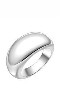 Anillo de plata con una superficie lisa, redondeada y pulida. Presenta un diseño simple de banda, ligeramente más ancho en la parte superior, con un acabado uniforme.