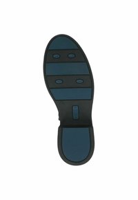 Sole in gomma nera con un motivo testurizzato blu. Presenta quattro indentazioni circolari e sezioni distinte segmentate.