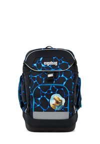 Sac à dos noir avec un motif bleu semblable à de l'eau, présentant un graphique de dinosaure, des accents réfléchissants, plusieurs compartiments zippés et des bretelles rembourrées.