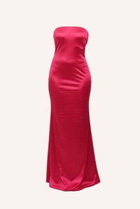 Strapless, floor-length dress in bright pink satin. Smooth texture with a form-fitting silhouette and a slight sheen. No visible embellishments.