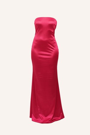 Strapless, floor-length dress in bright pink satin. Smooth texture with a form-fitting silhouette and a slight sheen. No visible embellishments.