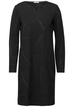 Vestido negro de manga larga con escote en V, fabricado en un tejido texturizado con un sutil patrón geométrico de formas triangulares variadas.