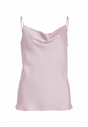 Camisole in satin rosa con spalline regolabili, scollatura a sbuffo e una texture liscia. Presenta una vestibilità leggermente ampia e spacchi laterali.