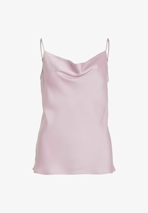 Camiseta de satén rosa con tirantes ajustables, escote en cowl y una textura suave. Presenta un ajuste ligeramente holgado y aberturas laterales.