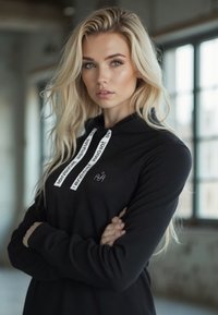 Must kapuutsiga pusa esitaskuga, millel on valged nöörid ja väike logo rinnal. Kangas näib pehme ja sileda tekstuuriga.