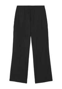 Zwarte wijde broek met een elastische tailleband en een subtiel logo. Gemaakt van zachte stof, met een gladde textuur en een eenvoudig ontwerp.