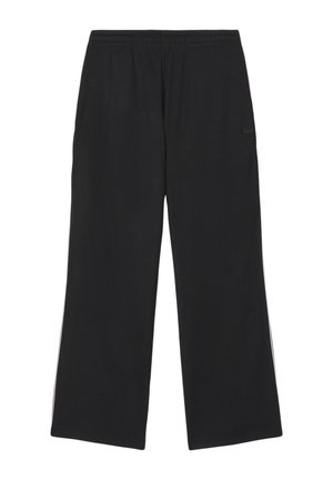 Black wide-leg pants with an elastic waistband and a subtle logo. Made from soft material, featuring a smooth texture and simple design.