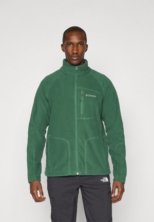 Green fleece jacket with a high collar, zippered front, and two side pockets. Features contrasting stitching and a logo on the chest.