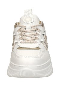White sneaker featuring a textured upper, beige laces, and a cushioned sole. Includes a mesh tongue and a circular logo on the tongue.