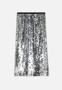 Silver sequin skirt with a straight silhouette, featuring a black waistband and a reflective, textured surface that catches light.