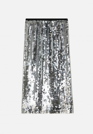 Silver sequin skirt with a straight silhouette, featuring a black waistband and a reflective, textured surface that catches light.