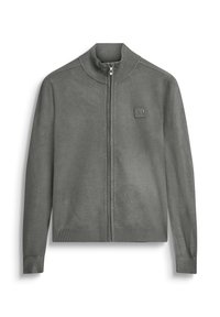 Cardigan grigio con zip, colletto alto, polsini e orlo a costine, texture morbida e una piccola etichetta logo sul petto.