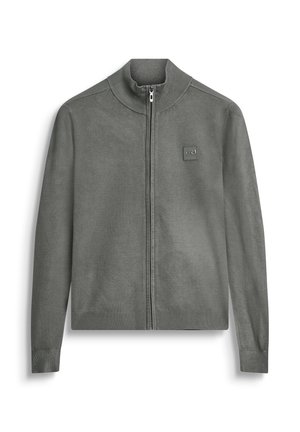 Sivi zip-up kardigan s visokom ovratniku, rebrastim manžetama i rubom, mekan na dodir, s malim logom na prsima.