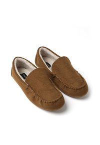 Pantofole in feltro marrone con punta arrotondata, morbida fodera in pile e cuciture decorative lungo il bordo superiore. Design senza chiusure, da infilare.