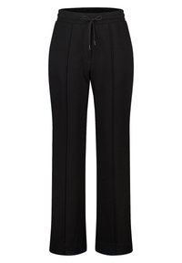 Zwarte trainingsbroek met een elastische tailleband, trekkoorddetail, rechte pijpen en verticale naadaccenten. Zacht, gestructureerd materiaal.