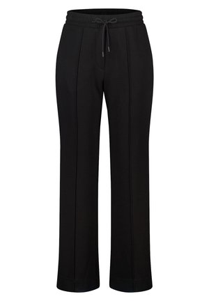 Zwarte trainingsbroek met een elastische tailleband, trekkoorddetail, rechte pijpen en verticale naadaccenten. Zacht, gestructureerd materiaal.