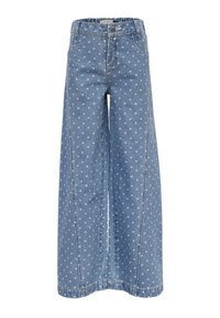 Lichtblauwe denim broek met wijde pijpen en een subtiel hartjespatroon, afgewerkt met een knoopsluiting en het traditionele vijfzakkenontwerp.