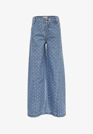 Lichtblauwe denim broek met wijde pijpen en een subtiel hartjespatroon, afgewerkt met een knoopsluiting en het traditionele vijfzakkenontwerp.