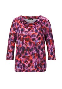 Langarmshirt mit einem drapierten Ausschnitt, präsentiert ein mehrfarbiges, abstraktes Muster in verschiedenen lila, rot und schwarzen Tönen. Dehnbare Stoff.