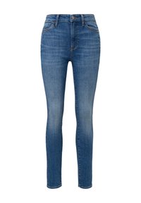 Jean skinny bleu taille haute avec fermeture devant par bouton et zip, style cinq poches et détails délavés.