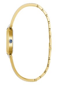 Orologio dorato con un design della cassa geometrico, bracciale in metallo collegato e un accento blu sulla corona. Finitura liscia e lucida.