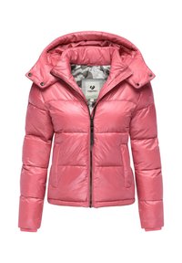 Różowa kurtka ocieplana z błyszczącym wykończeniem, zamek błyskawiczny, odpinany kaptur i dwie przednie kieszenie. Posiada elastyczne mankiety oraz wzorzystą podszewkę.
