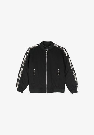 Giacca nera con zip e testo "RICHMOND" sulle strisce delle spalle, due tasche frontali con zip e polsini e orlo a coste.
