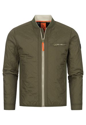 Vihreä, tikkikuvioinen bombertakki, jossa on vetoketju etupuolella, ribbineulekaulus ja oranssi vetoketju. Takissa on rintatasku vetoketjulla ja teksturoitu kangas.