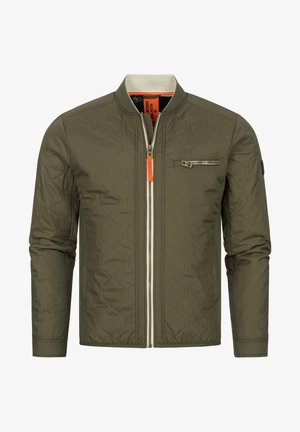 Vadderad olivgrön bomberjacka med dragkedja fram, ribbad krage och en orange dragkedjeackent. Har en bröstficka med dragkedja och textil med struktur.