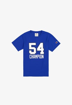 Blauwe sport t-shirt van vochtafvoerend materiaal met een groot wit nummer "54" en het woord "CHAMPION" in vette letters.
