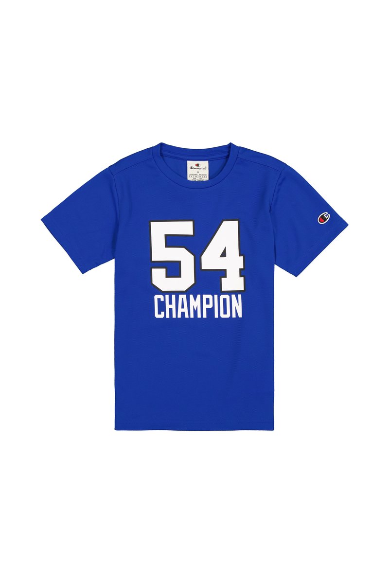 Camiseta atlética azul hecha de tela que absorbe la humedad, con un gran número blanco "54" y la palabra "CAMPEÓN" en impresión en negrita.