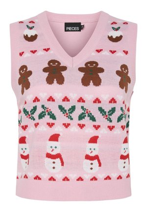 Pink knitted vest featuring a v-neck design, decorated with gingerbread men, snowmen, holly, and festive patterns in red and green.