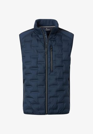 Marineblaue Steppweste mit hohem Kragen, gestepptem Design, zwei seitlichen Reißverschlusstaschen und einem kontrastierenden Einsatz an den Schultern.