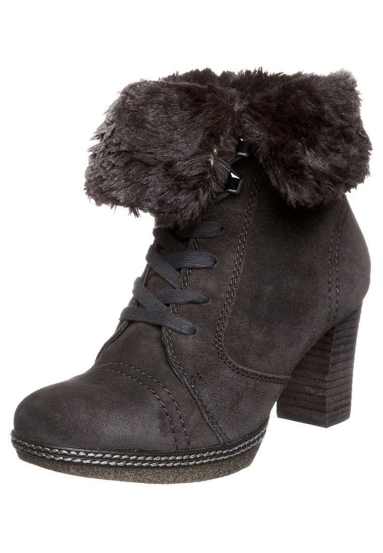 Bottes à cheville en suède gris foncé avec un bord en fausse fourrure, dotées d'un laçage à l'avant et d'un talon empilé texturé. Couture détaillée le long de la semelle.